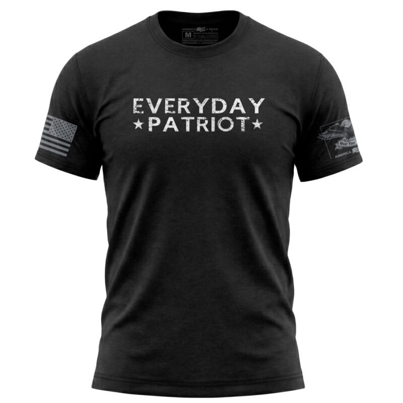 Black "Everyday Patriot" T-shirt with American flag patch on sleeve, casual patriotic apparel.