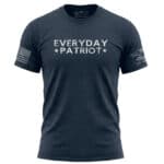 Casual navy blue T-shirt with "Everyday Patriot" text and American flag patch.