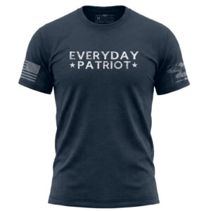 Casual navy blue T-shirt with "Everyday Patriot" text and American flag patch.