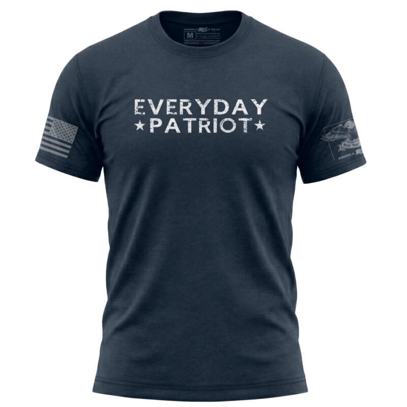 Casual navy blue T-shirt with "Everyday Patriot" text and American flag patch.
