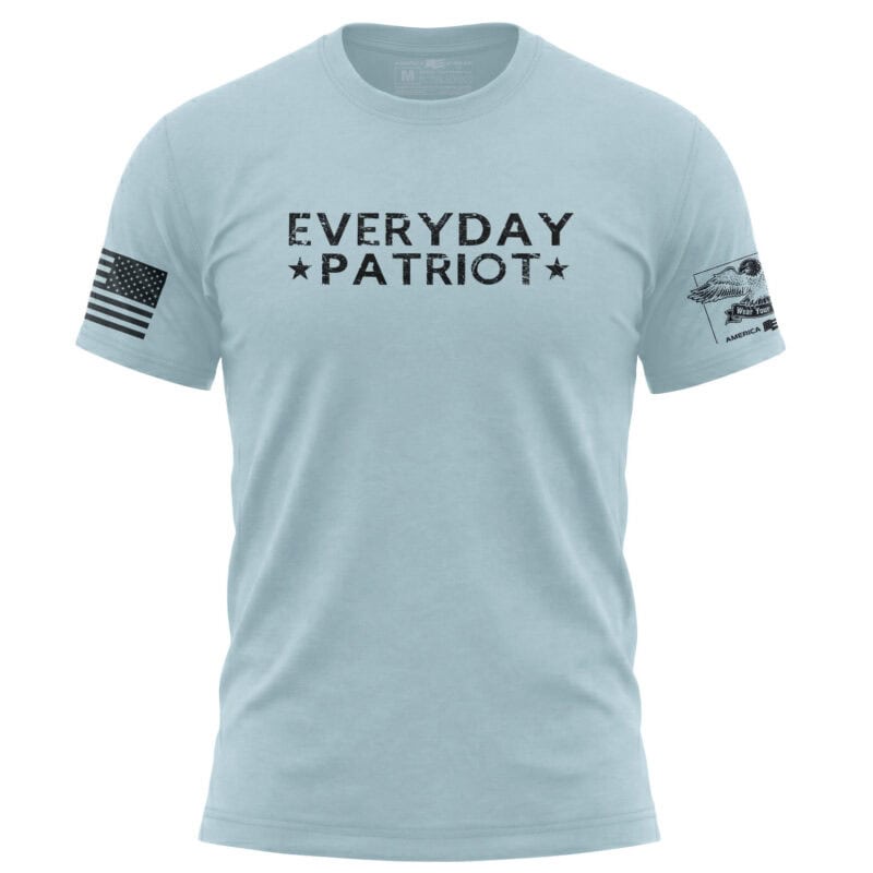 Patriotic light blue T-shirt with "Everyday Patriot" text and American flag patch on sleeve.