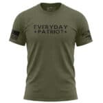 Olive green "Everyday Patriot" T-shirt with American flag patch on sleeve.