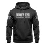 Men's black hoodie with "Bad Decisions" graphic and American flag patch, casual streetwear style.