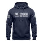 Navy blue hoodie with "Bad Decisions" graphic and American flag patch, casual streetwear for men and.