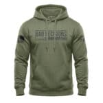 Olive green hoodie with "Bad Decisions" print and American flag patch on sleeve.