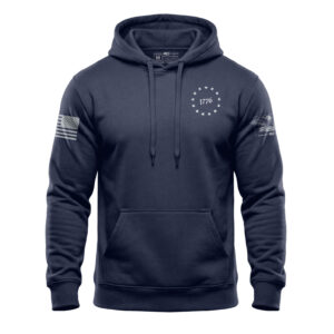 Patriotic 1776 American flag hoodie with stars and stripes design.