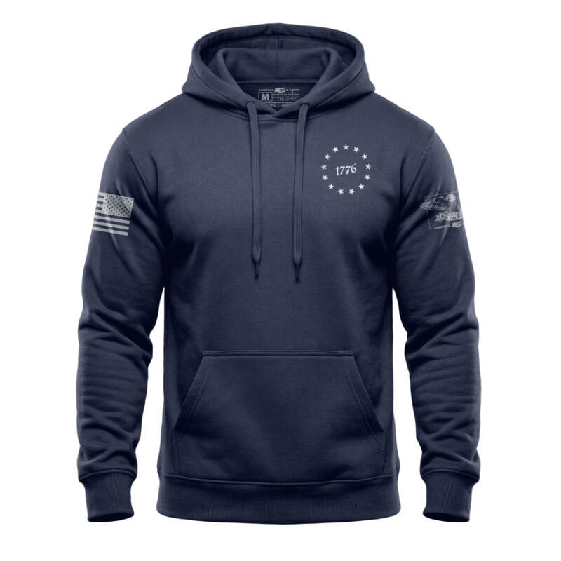 Patriotic 1776 American flag hoodie with stars and stripes design.