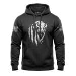 Black hoodie featuring a distressed American bison graphic and flag patches.