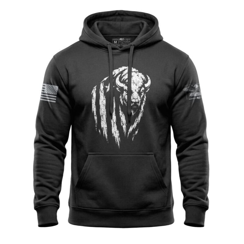 Black hoodie featuring a distressed American bison graphic and flag patches.
