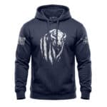 Navy hoodie with distressed buffalo graphic and American flag patches.