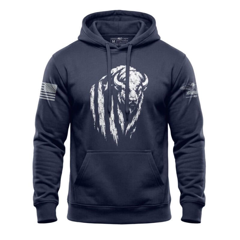 Navy hoodie with distressed buffalo graphic and American flag patches.