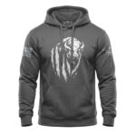 Charcoal hoodie with distressed buffalo graphic and American flag patches.