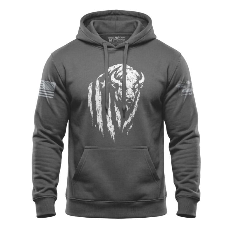 Charcoal hoodie with distressed buffalo graphic and American flag patches.