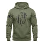 Military green hoodie with bison graphic and American flag patches.