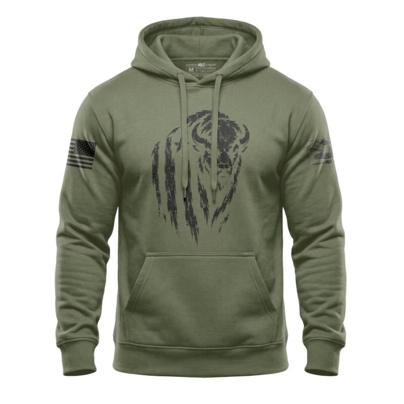 Military green hoodie with bison graphic and American flag patches.