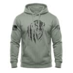 Men's hoodie with distressed American bison and flag patches, casual style.