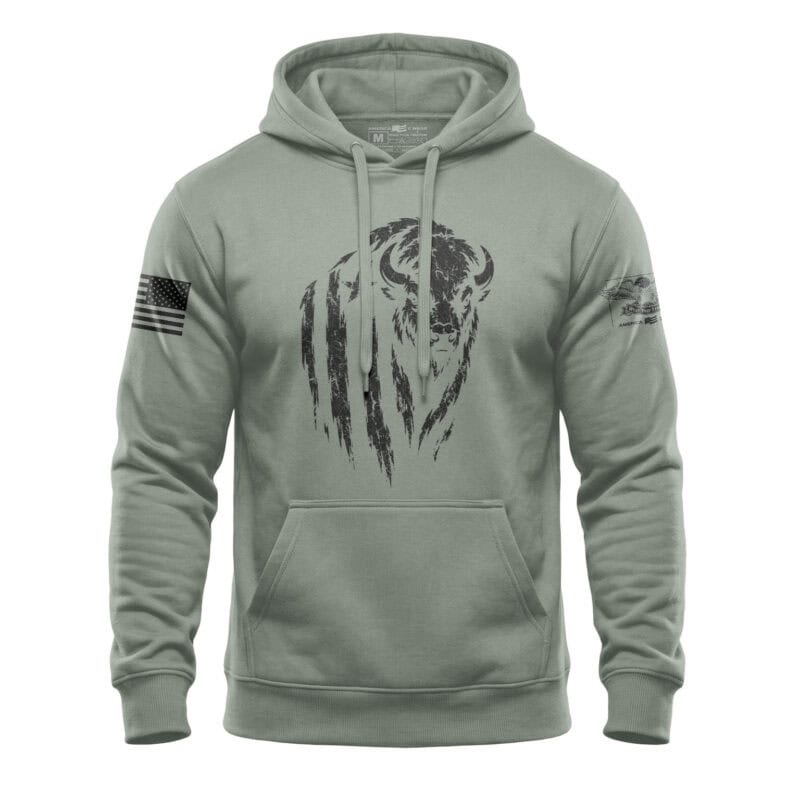 Men's hoodie with distressed American bison and flag patches, casual style.