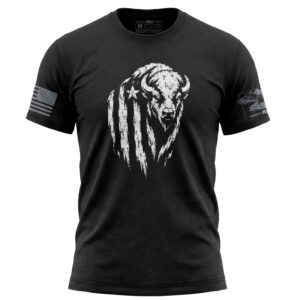 Black T-shirt with distressed American flag and bison graphic design.