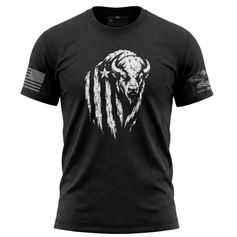Black T-shirt with distressed American flag and bison graphic design.