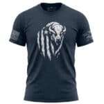 Navy T-shirt with distressed American bison and flag graphic design.