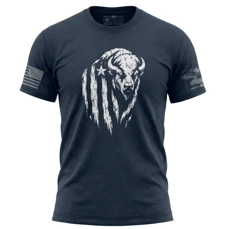 Navy T-shirt with distressed American bison and flag graphic design.