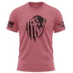 Pink T-shirt with distressed buffalo and American flag patches on sleeves.