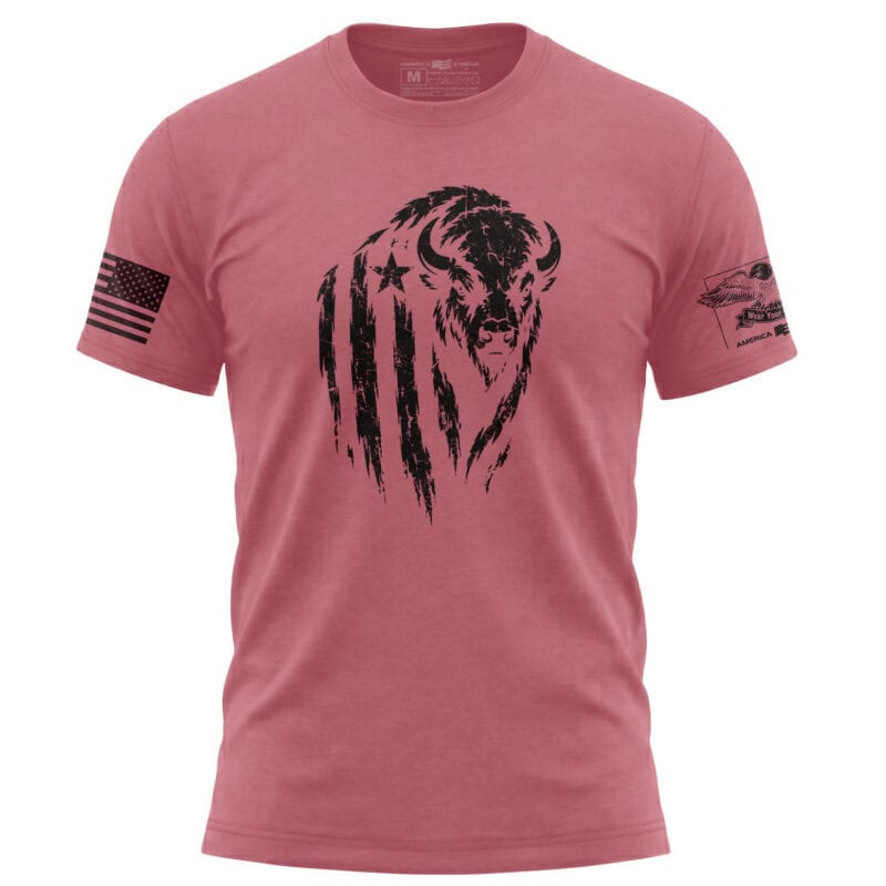 Pink T-shirt with distressed buffalo and American flag patches on sleeves.