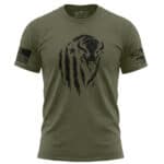Military green T-shirt with distressed buffalo graphic and American flag patches.