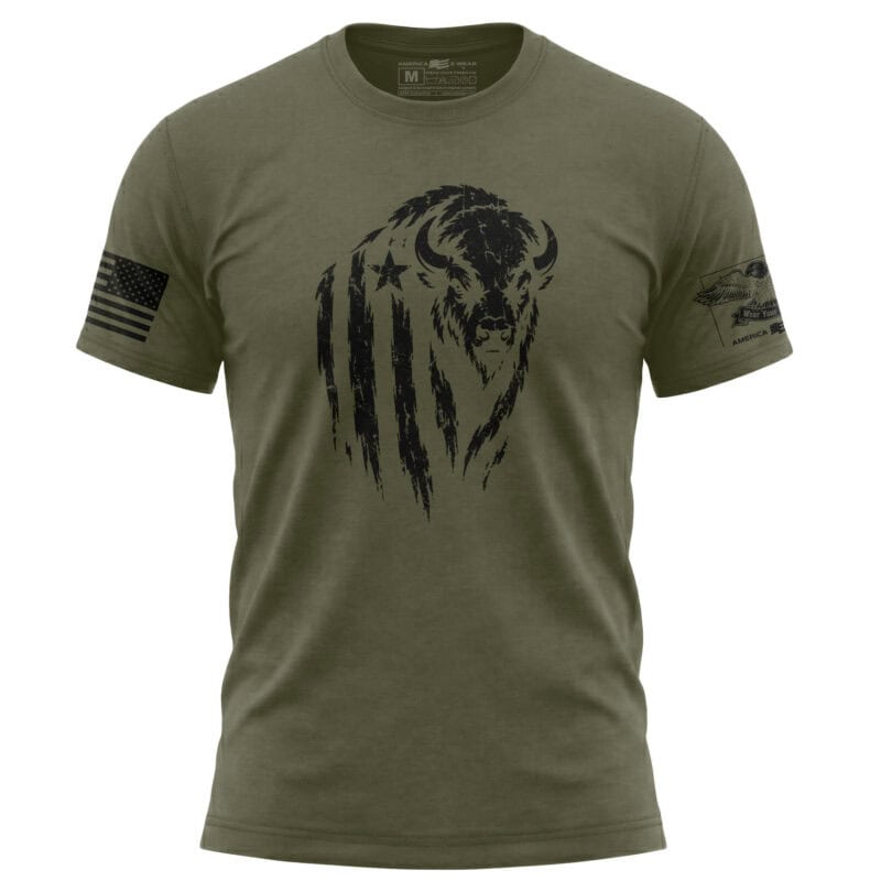 Military green T-shirt with distressed buffalo graphic and American flag patches.
