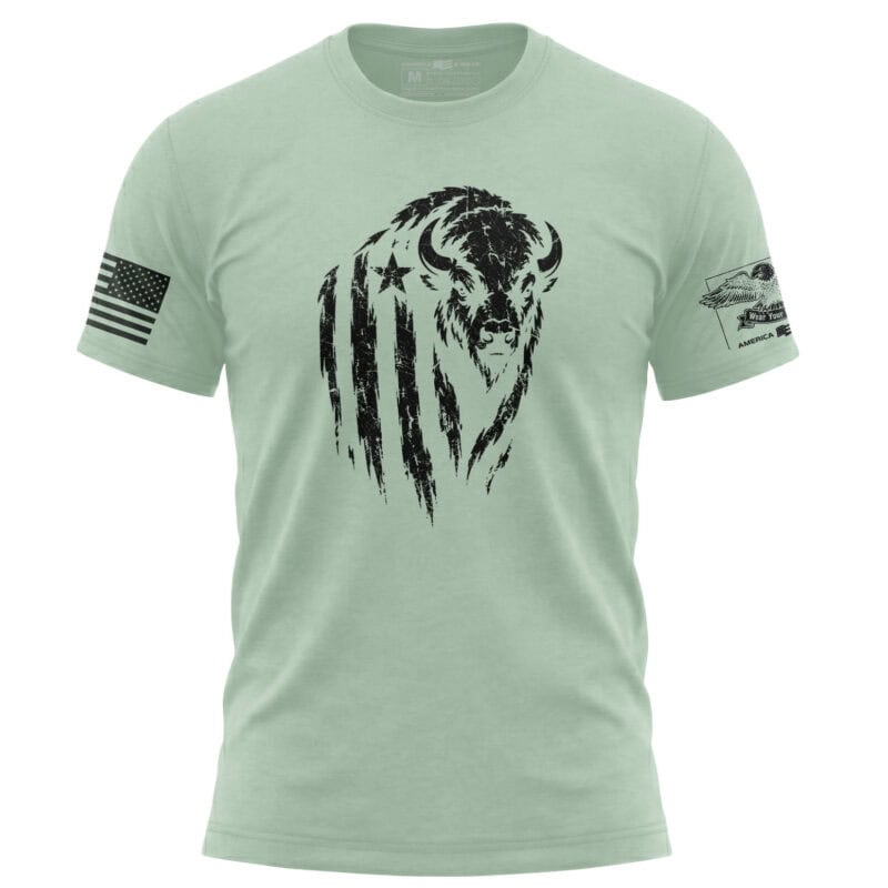 Men's mint green T-shirt with distressed buffalo graphic and American flag patches.
