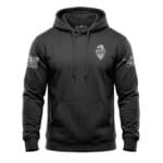 Black eagle hoodie with military patches and distressed design details.