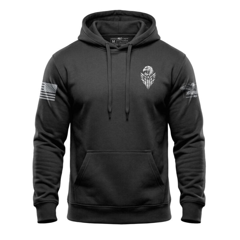Black eagle hoodie with military patches and distressed design details.