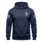 Navy blue eagle hoodie with American flag patches on sleeves.