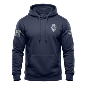 Navy blue eagle hoodie with American flag patches on sleeves.