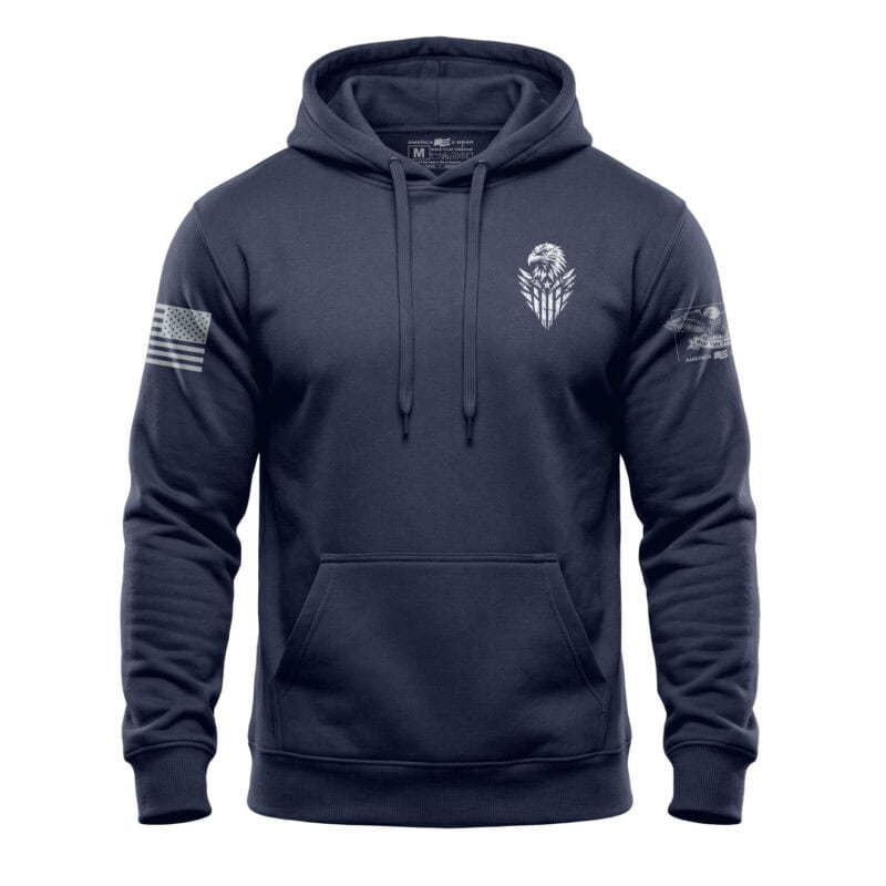 Navy blue eagle hoodie with American flag patches on sleeves.