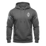 Minimalist eagle hoodie with distressed design and American flag patches in charcoal color.