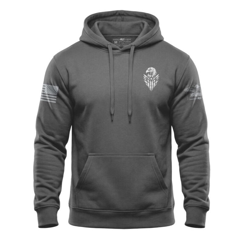 Minimalist eagle hoodie with distressed design and American flag patches in charcoal color.