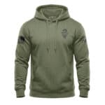 Military green hoodie with eagle emblem and American flag patches on sleeves.