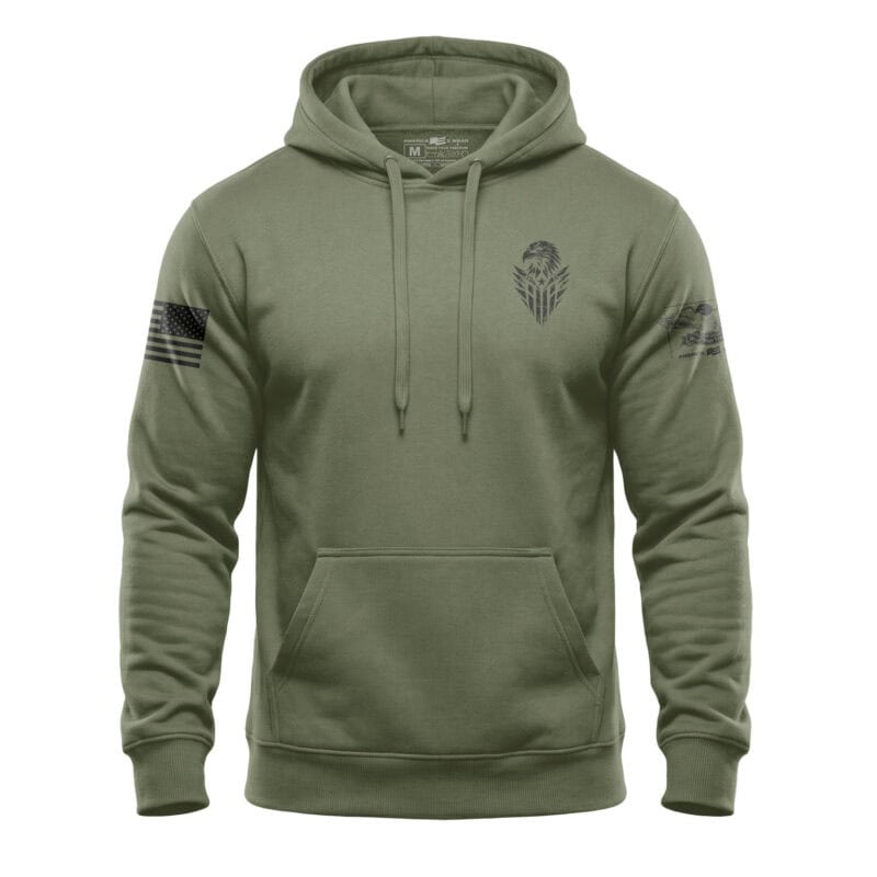 Military green hoodie with eagle emblem and American flag patches on sleeves.