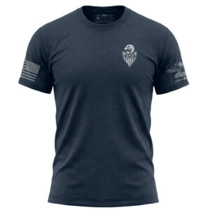 Men's navy blue eagle logo T-shirt with American flag patch on sleeve.