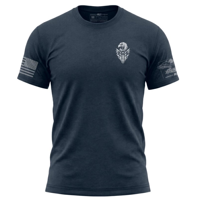 Men's navy blue eagle logo T-shirt with American flag patch on sleeve.