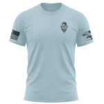 Sky blue eagle logo T-shirt with American flag patch on sleeve.