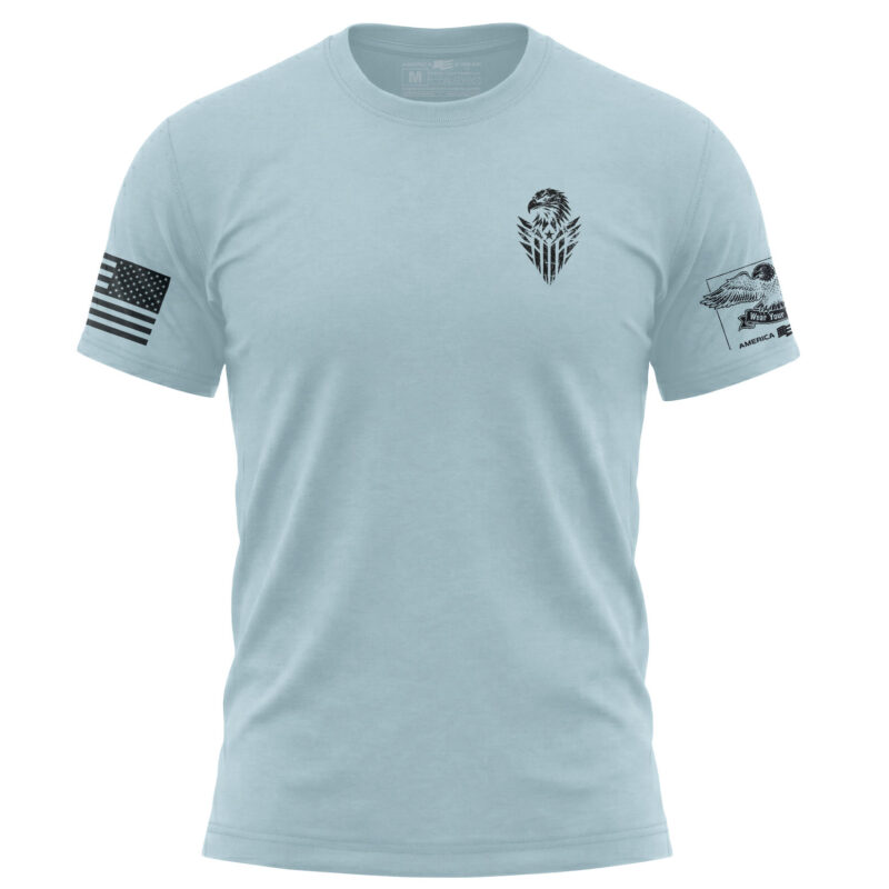 Sky blue eagle logo T-shirt with American flag patch on sleeve.