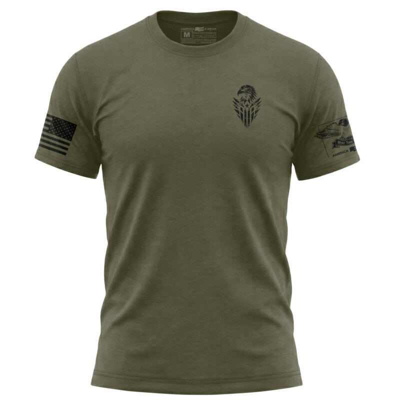 Military green T-shirt with eagle emblem and American flag patch.