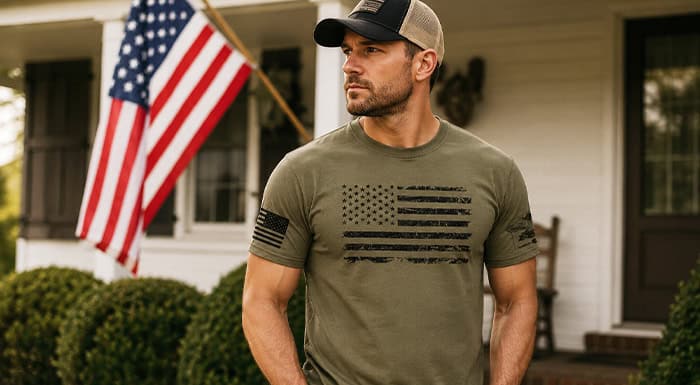 Man wearing olive green T-shirt with black American flag design outdoors.