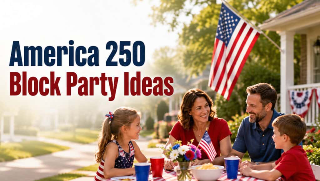 Neighbors celebrating America 250 at a Fourth of July block party with American flags, food, and family activities