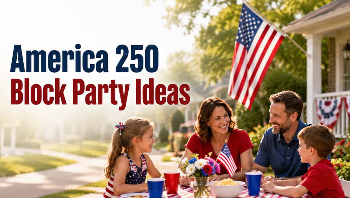 Neighbors celebrating America 250 at a Fourth of July block party with American flags, food, and family activities