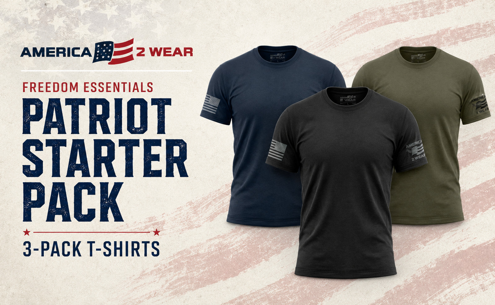 Freedom Essentials Patriot Starter Pack with three American flag sleeve T-shirts