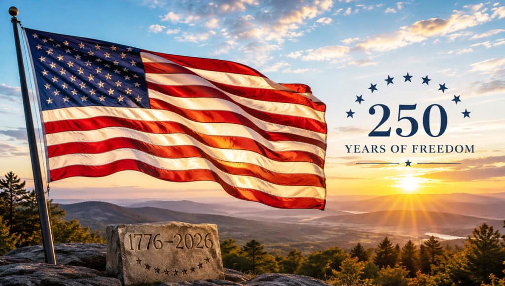American flag flying at sunset celebrating 250 years of freedom.