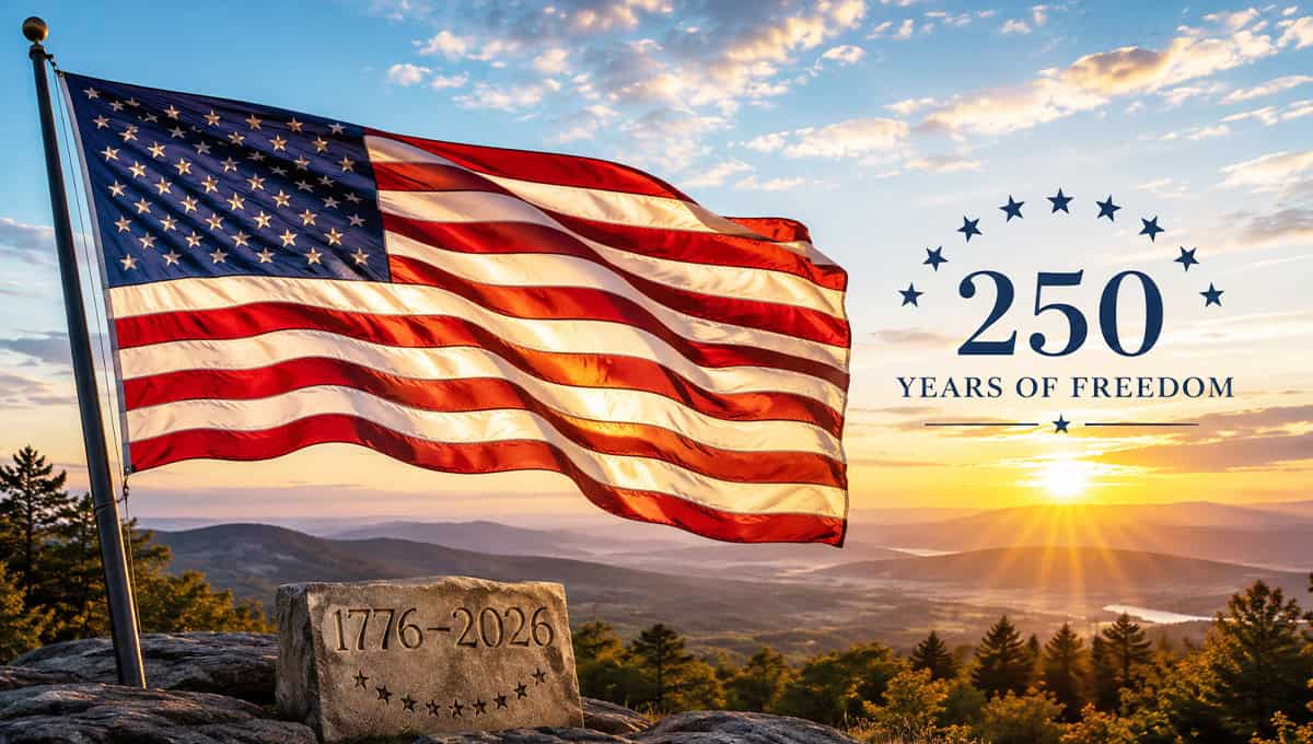 American flag flying at sunset celebrating 250 years of freedom.